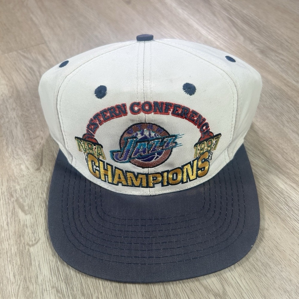 VTG 1997 Utah Jazz Snapback Hat NBA Playoffs Logo 7 White Cap